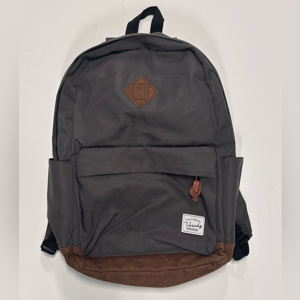Vaschy Classic Backpack in Charcoal Grey with Brown Leather Accents
